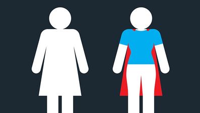 Female icon on bathroom sign transformed into superhero