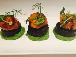 Treat Your Sweet To Caramelised Scallops on Minted Pea Puree with Black Pudding & Pea Shoots