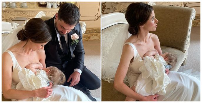 Camilla Thurlow shares snaps breastfeeding baby Nell in her wedding dress