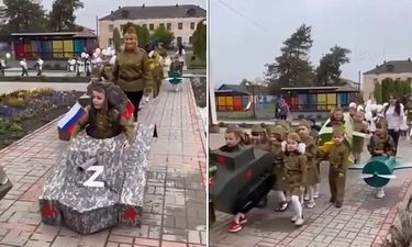 Russian pre-school children are dressed as tanks and soldiers for Victory Day